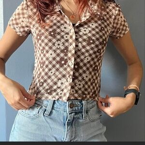 Hazel Moon Brown Checkered Floral Button Down Shirt